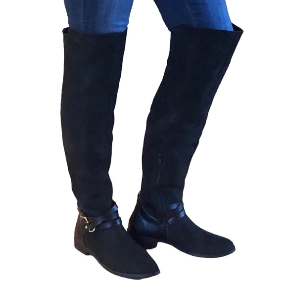 XOXO THAMES Low Block Heel OTK Black Faux Suede Boots Buckle Accent Zipper 8.5M - Picture 7 of 16